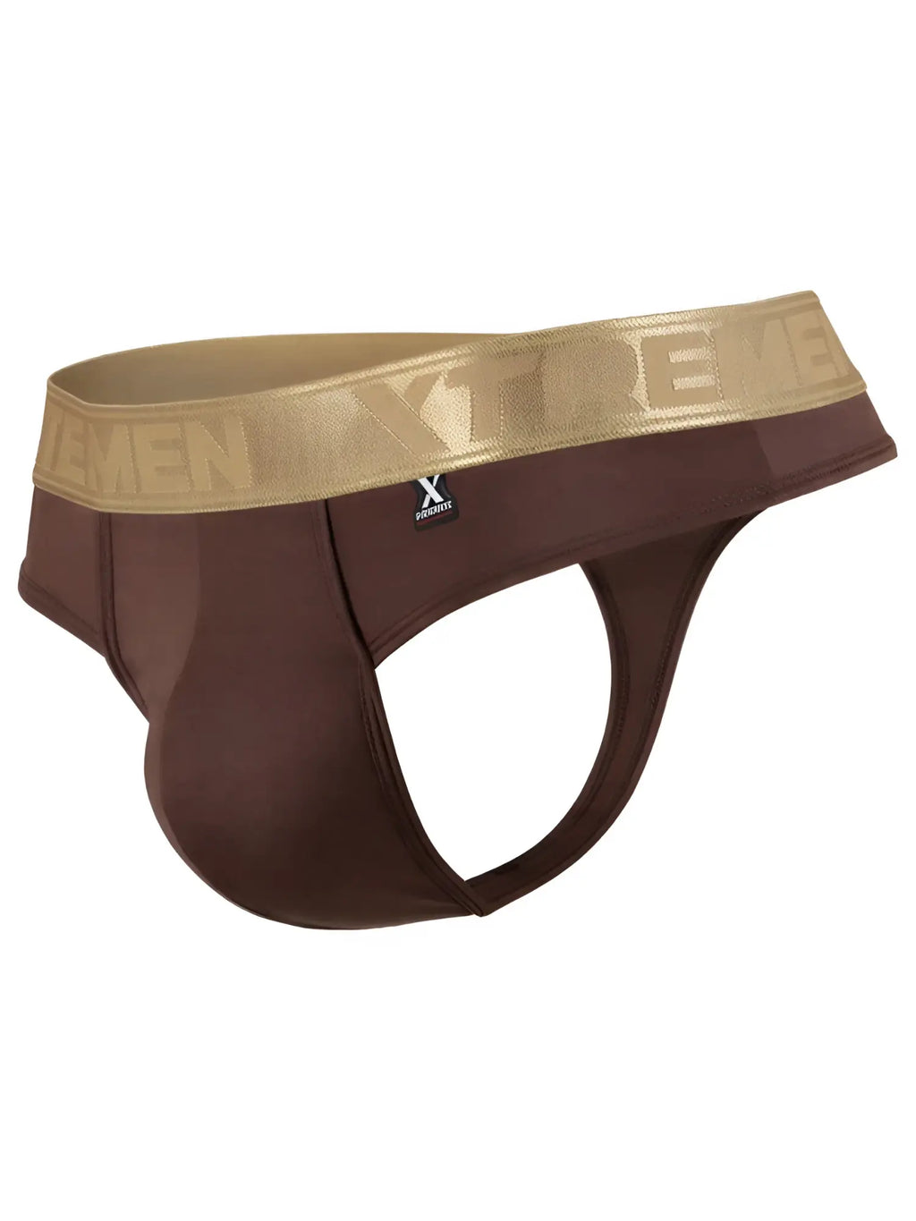 Xtremen brown thong with a gold branded waistband, featuring an "X" logo tag on the front.