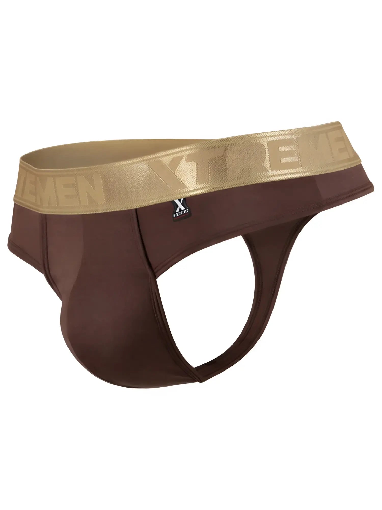 Xtremen brown thong with a gold branded waistband, featuring an "X" logo tag on the front.