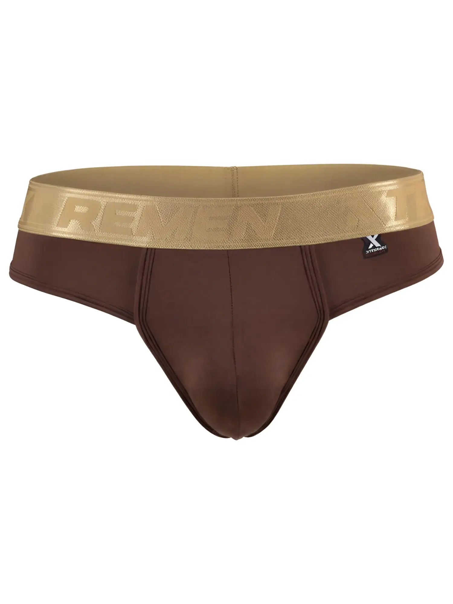Xtremen men's thongs in brown with a wide metallic gold branded waistband.