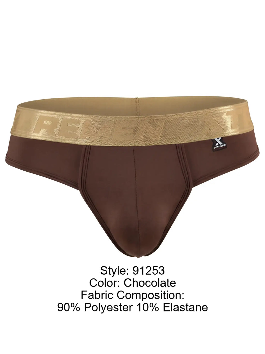 Xtremen chocolate-colored men’s thong with a wide, metallic gold branded waistband.