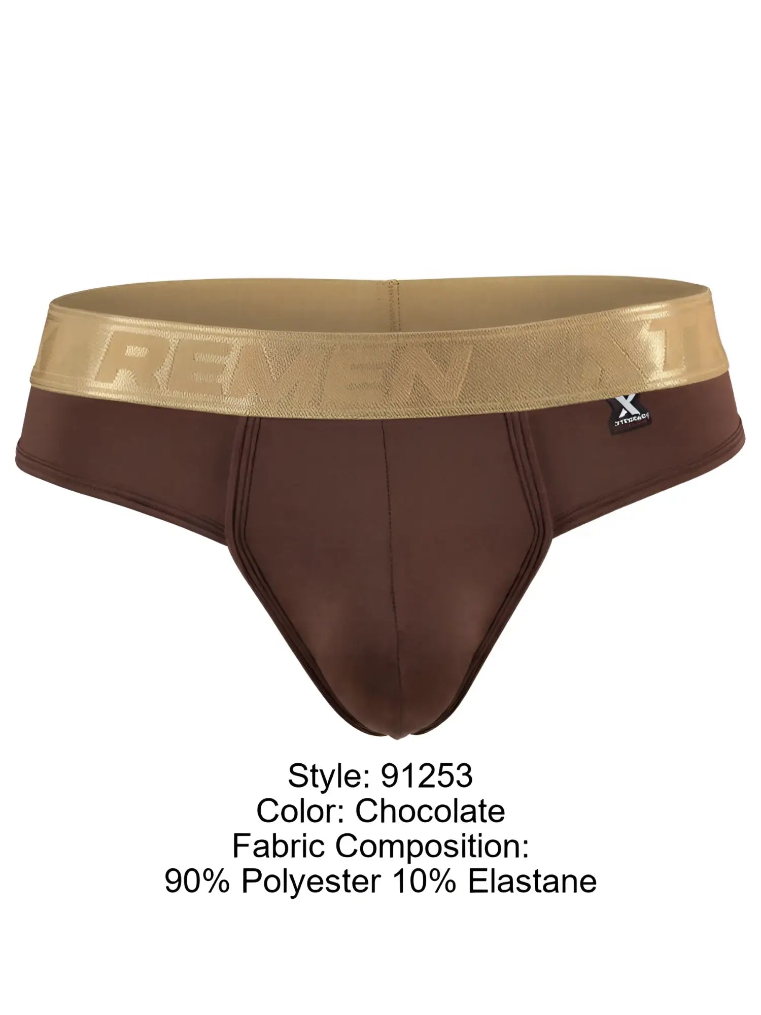 Xtremen chocolate-colored men’s thong with a wide, metallic gold branded waistband.