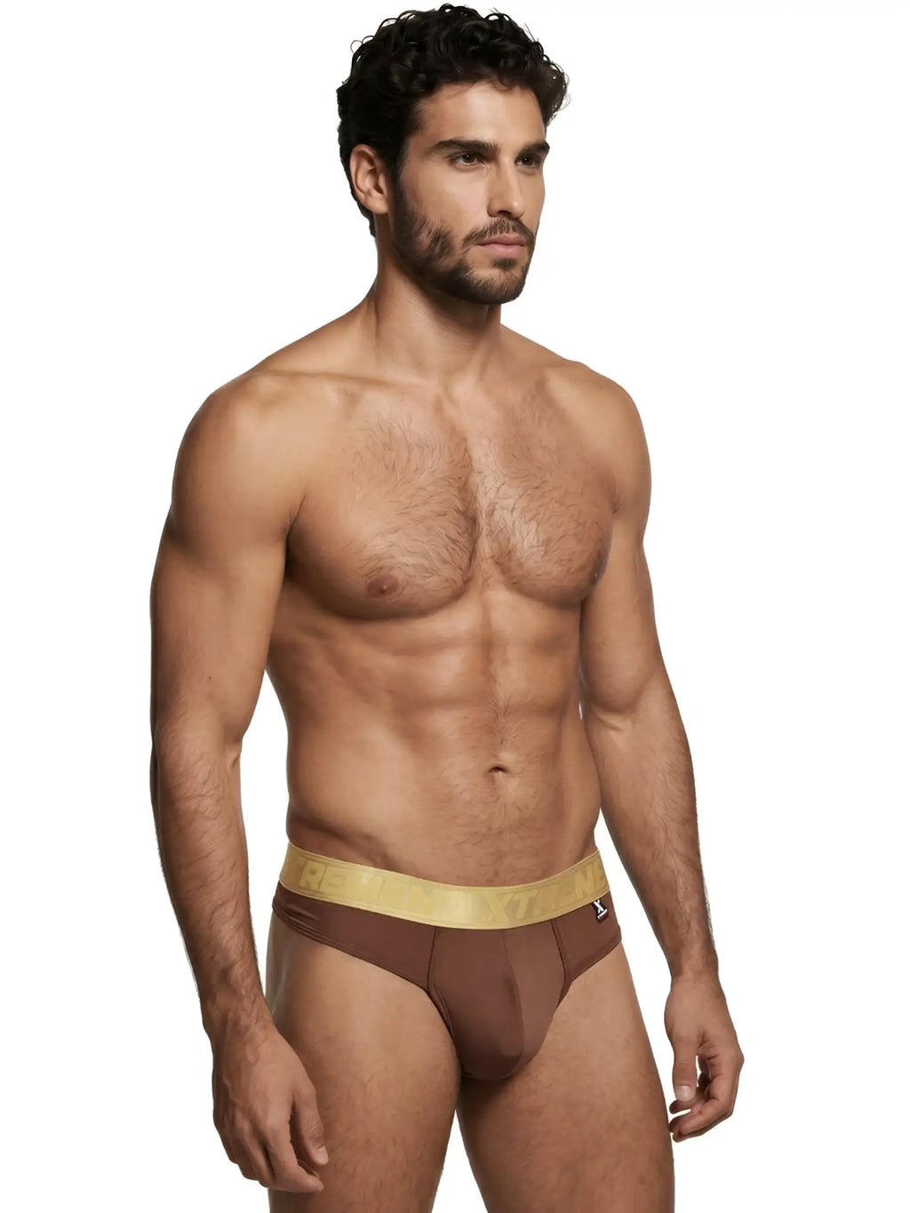 Xtremen brown thong with a gold logo waistband, worn by a fit male model.