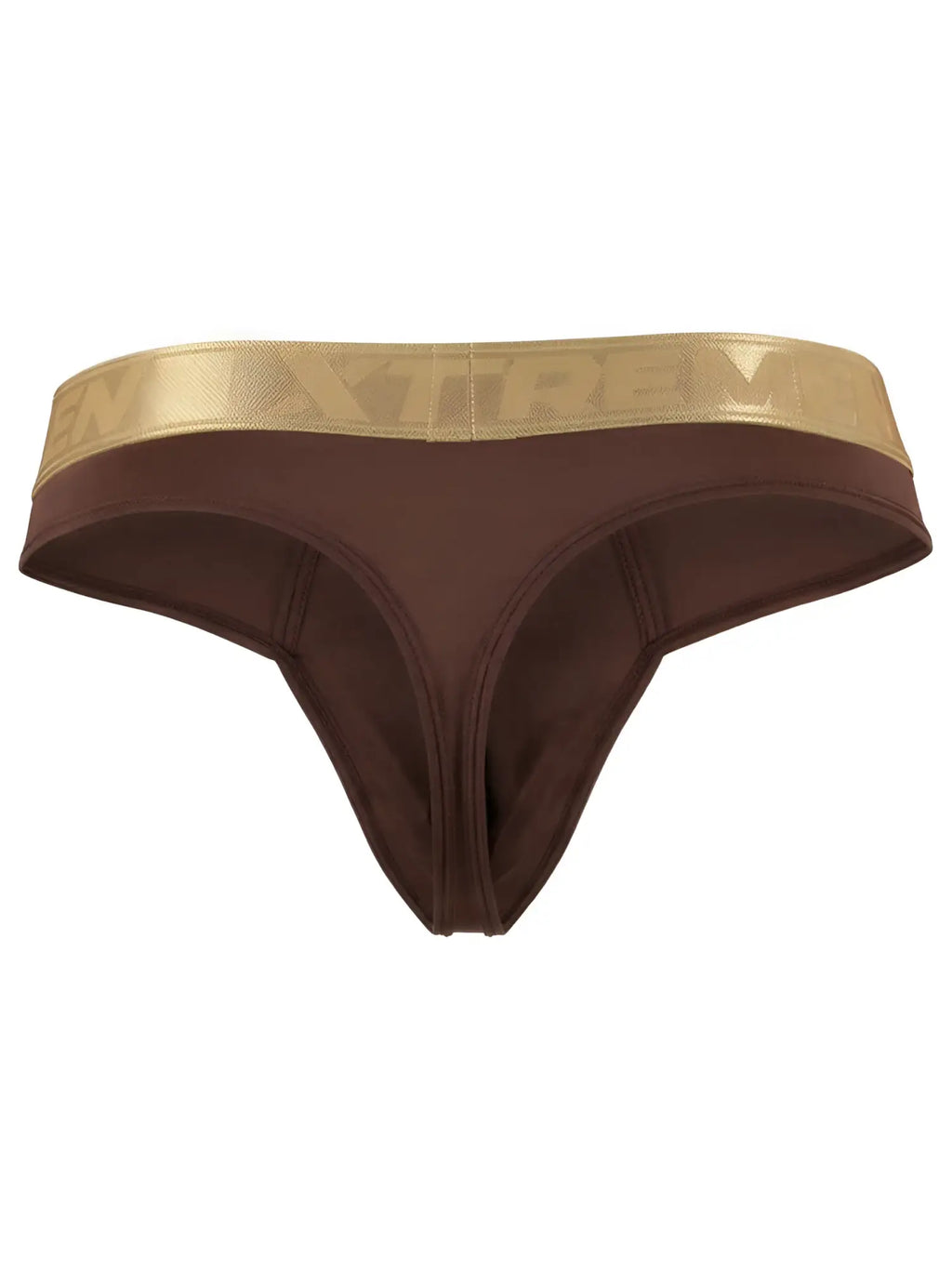 Xtremen brown thongs with a metallic gold branded waistband.