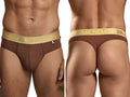 Front and back view of brown Xtremen thongs with a metallic gold logo waistband.