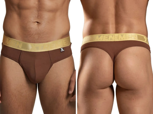 Front and back view of brown Xtremen thongs with a metallic gold logo waistband.