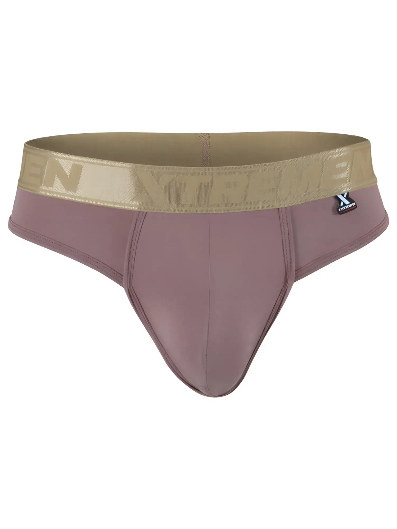 Xtremen mauve men's thong featuring a wide metallic gold branded elastic waistband.