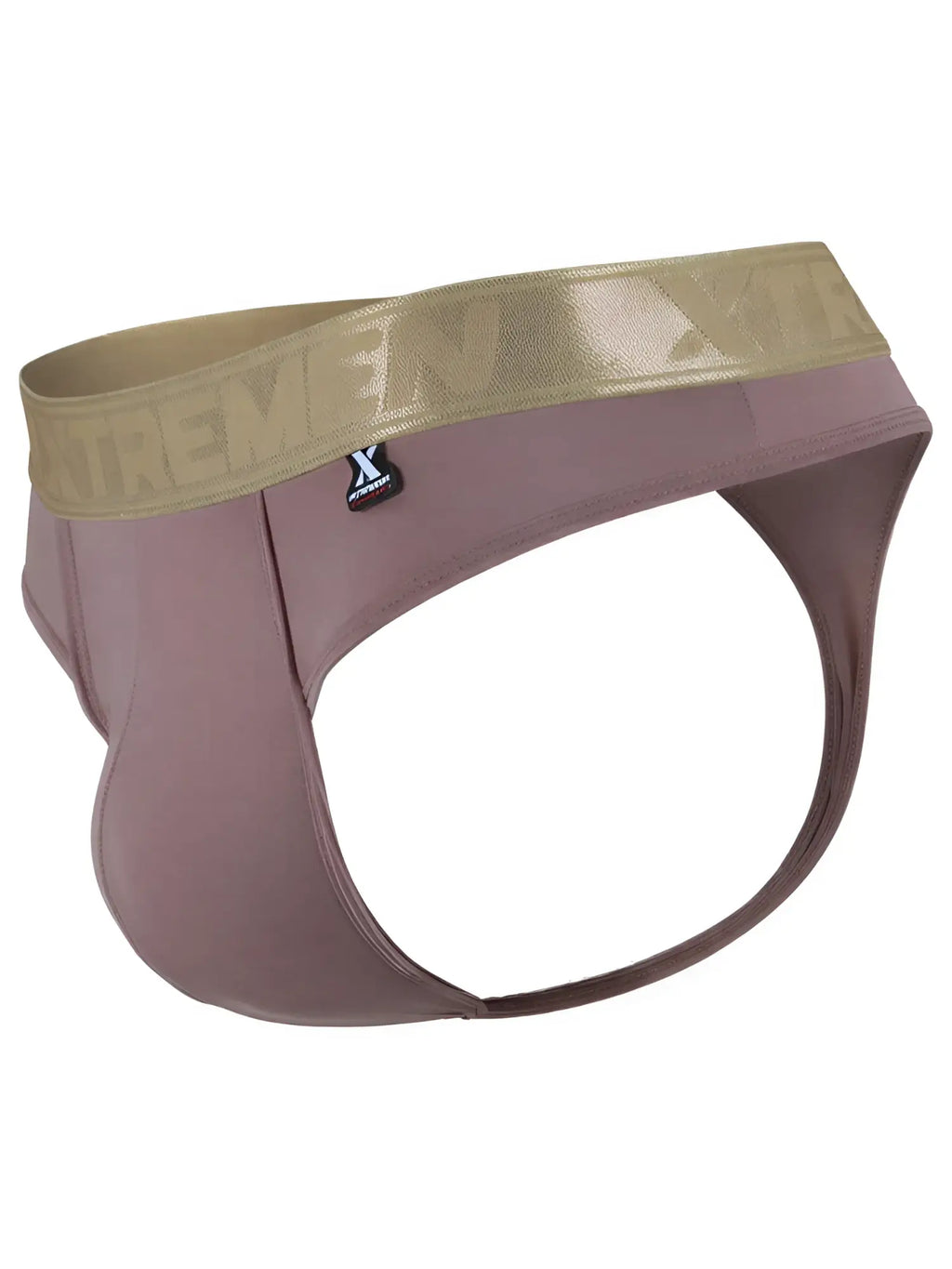 Xtremen men's dusty rose thong with a metallic gold branded waistband and small side logo tag.