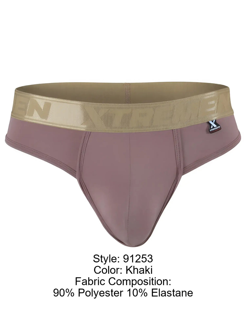 Xtremen mauve thongs with a metallic gold waistband featuring the brand logo on a white background.
