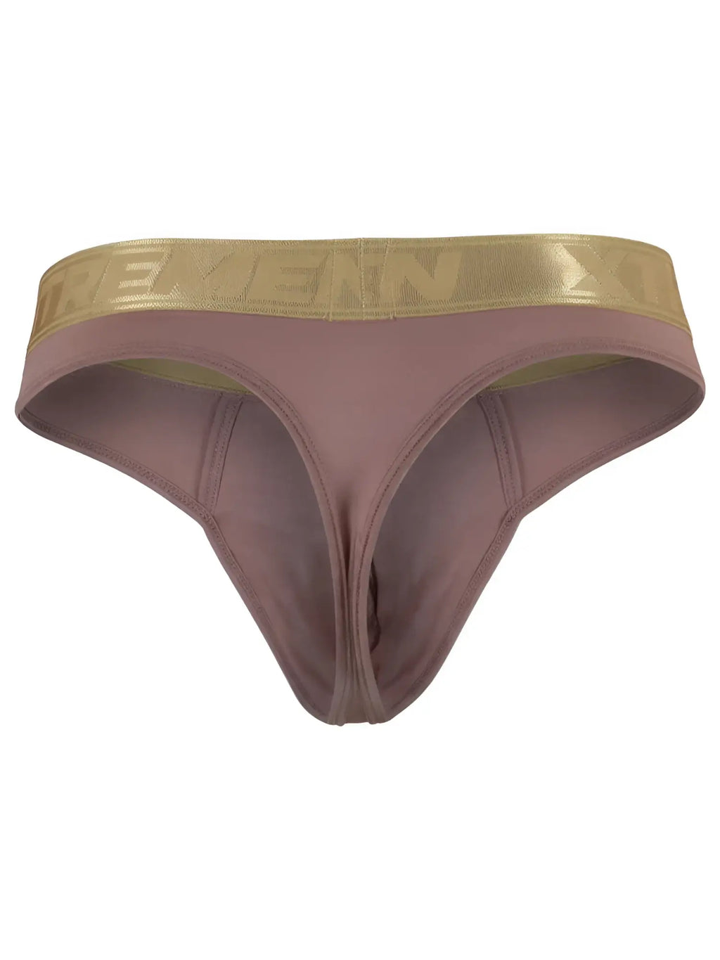 Xtremen mauve thongs with a metallic gold branded waistband.