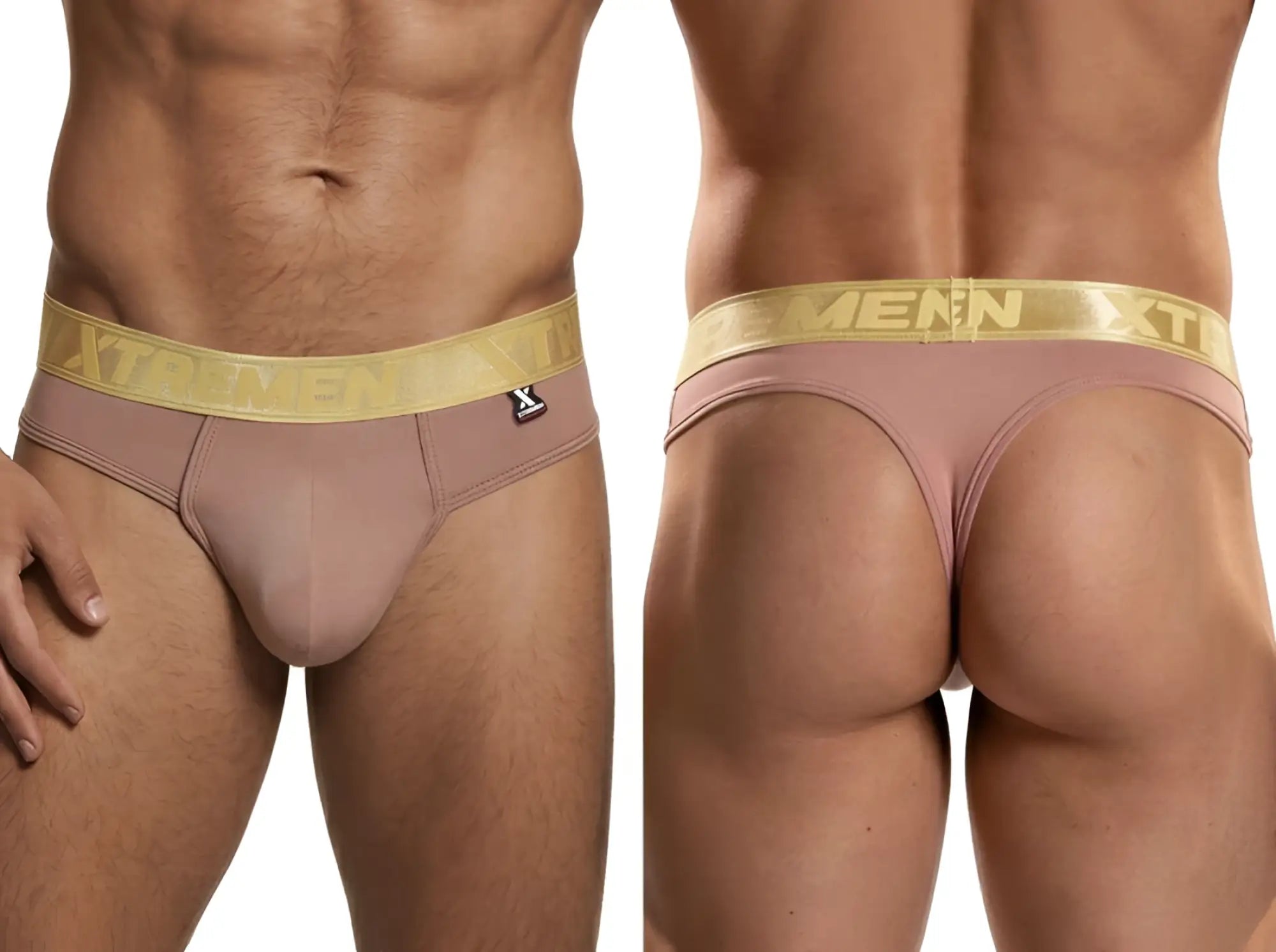 Xtremen men's dusty rose thongs with a metallic gold branded waistband. Front and back view.