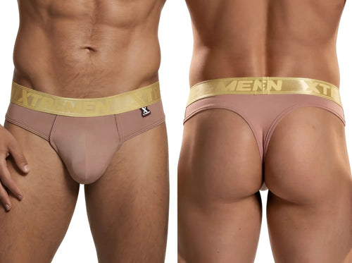 Xtremen men's dusty rose thongs with a metallic gold branded waistband. Front and back view.