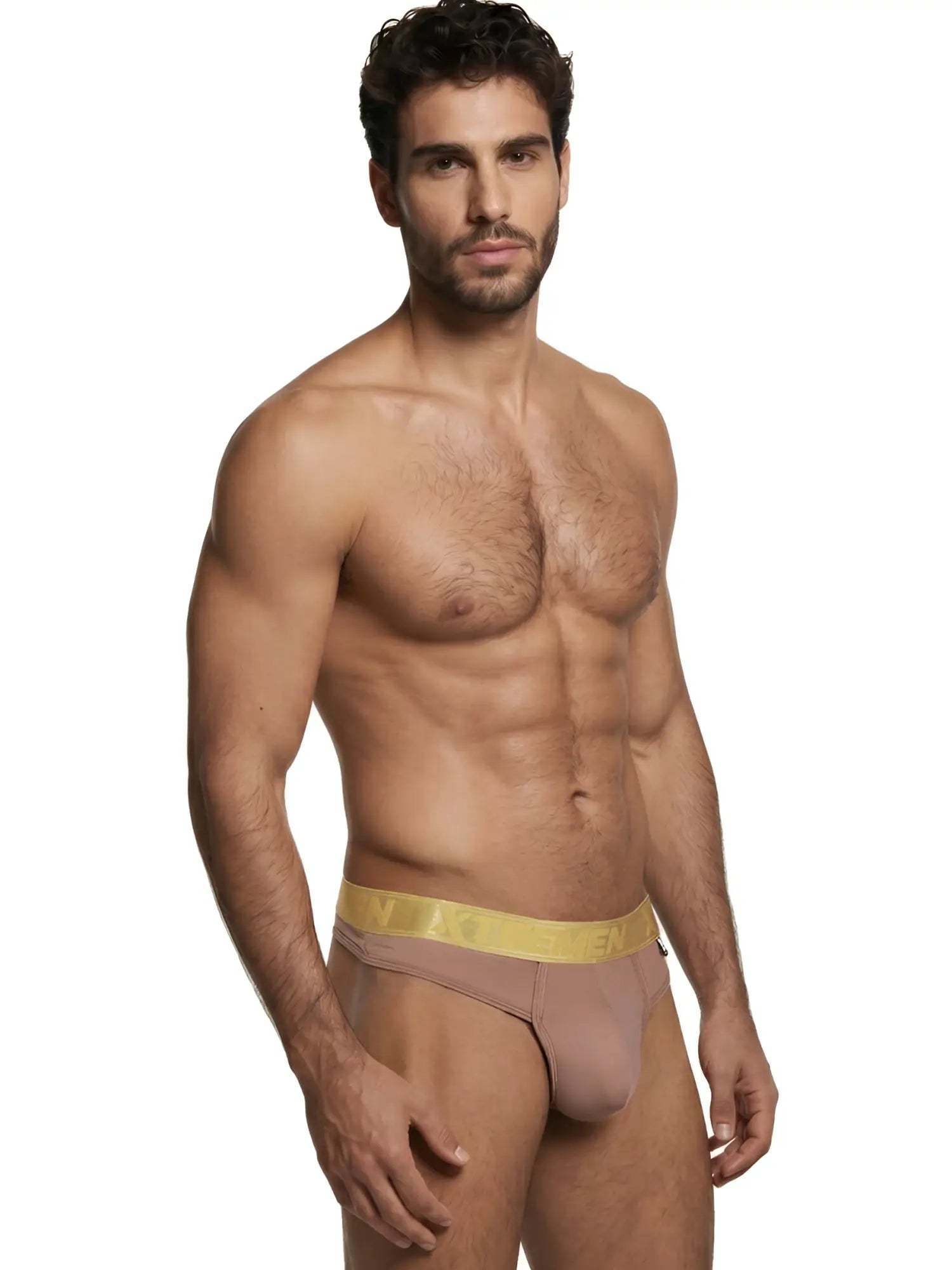 Xtremen thong in a solid dusty rose color with a metallic gold waistband featuring the brand logo.