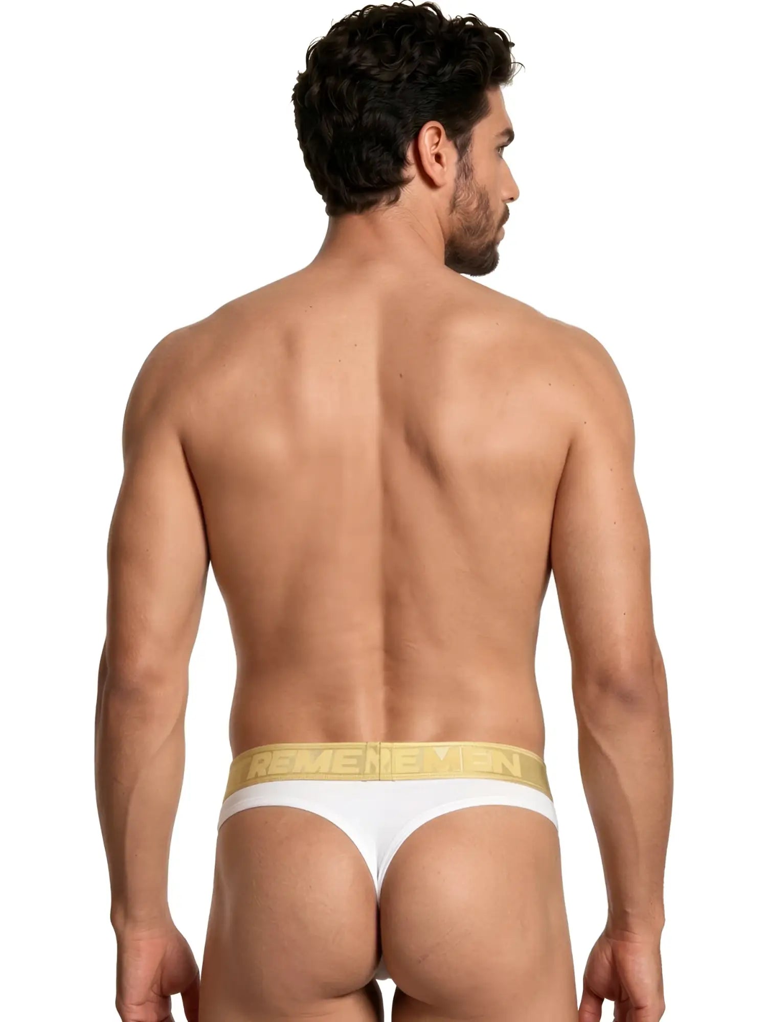 Man from behind wearing white Xtremen thongs with a metallic gold waistband.