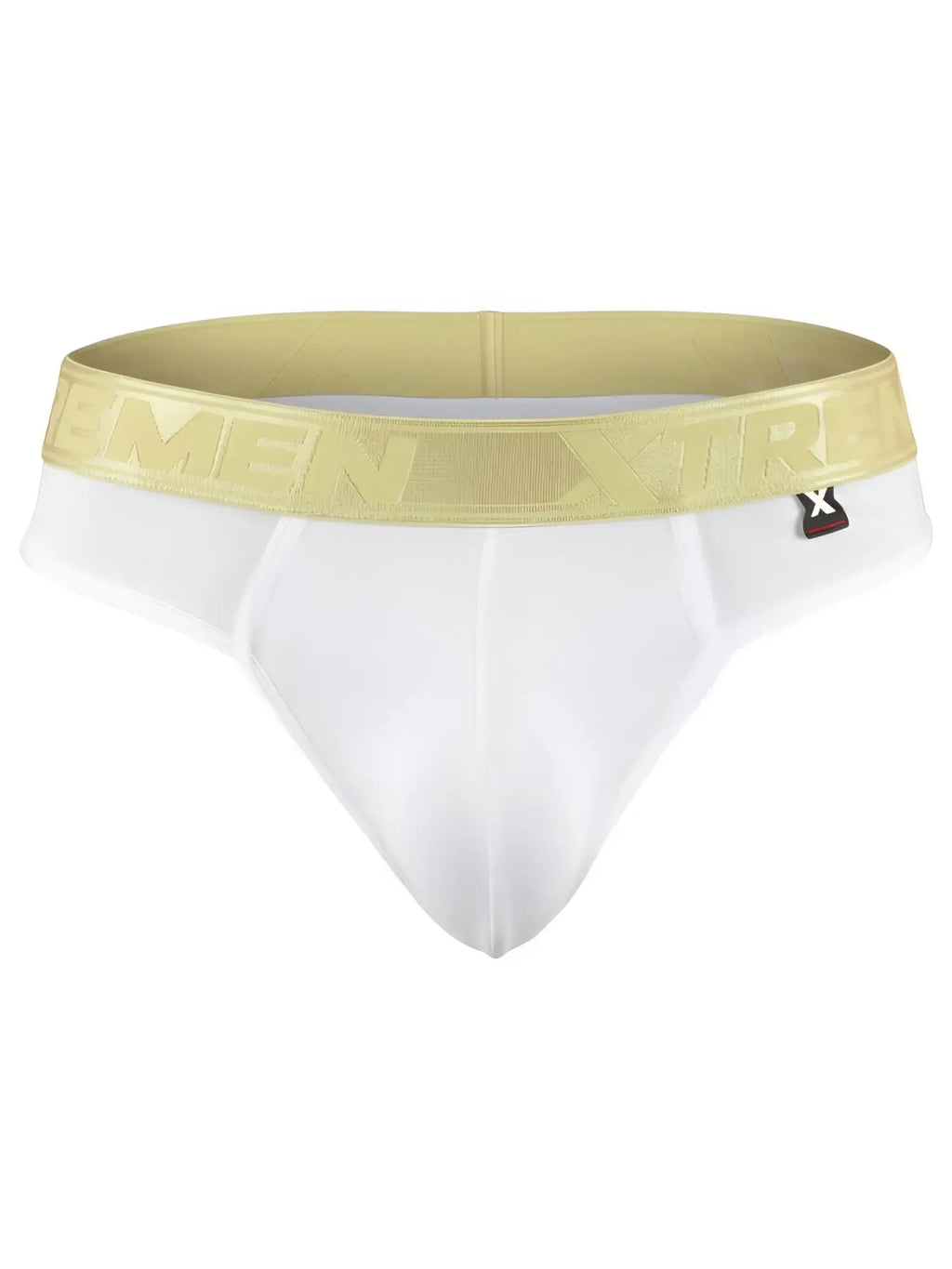 Xtremen white men's thong with a metallic gold logo waistband and small brand tag.