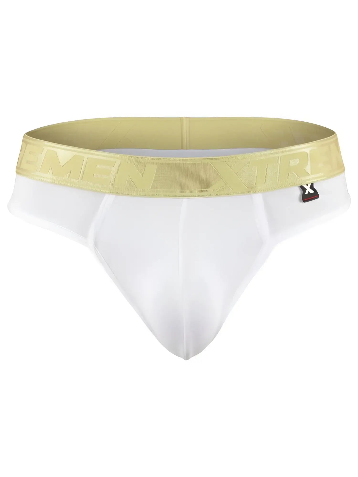 Xtremen white men's thong with a metallic gold logo waistband and small brand tag.