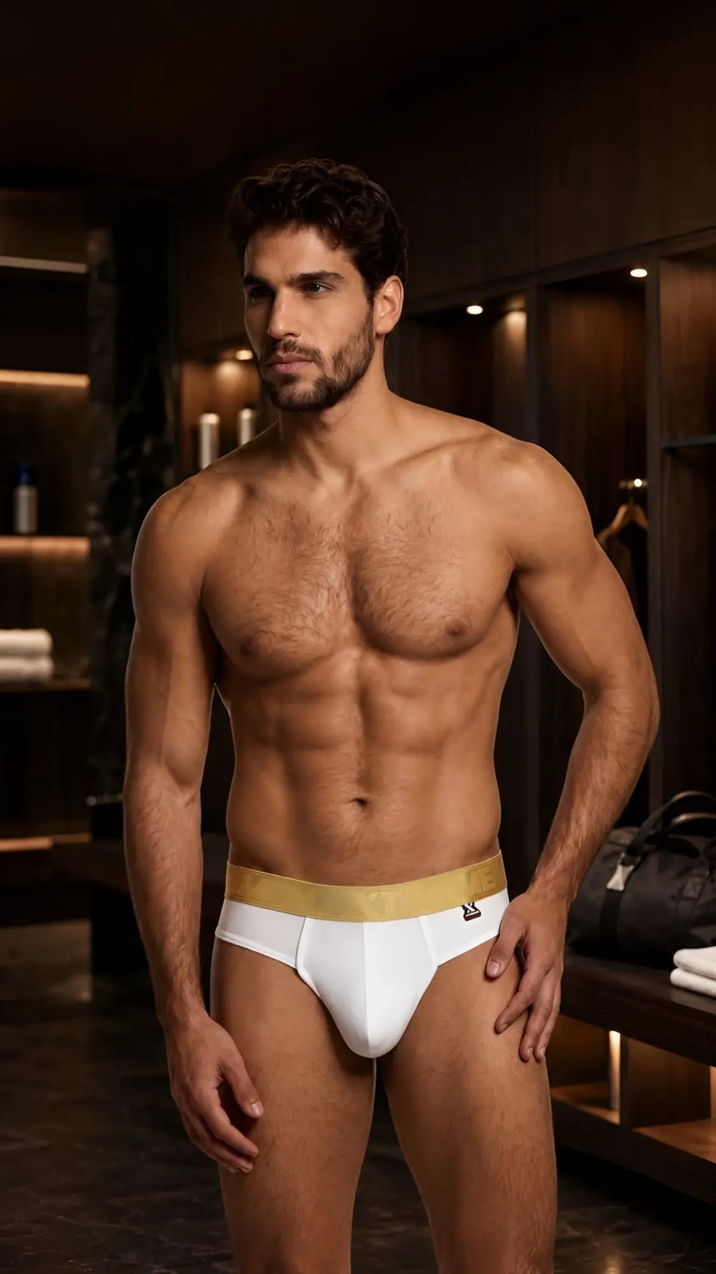 Man wearing white Xtremen thongs with a gold branded waistband.