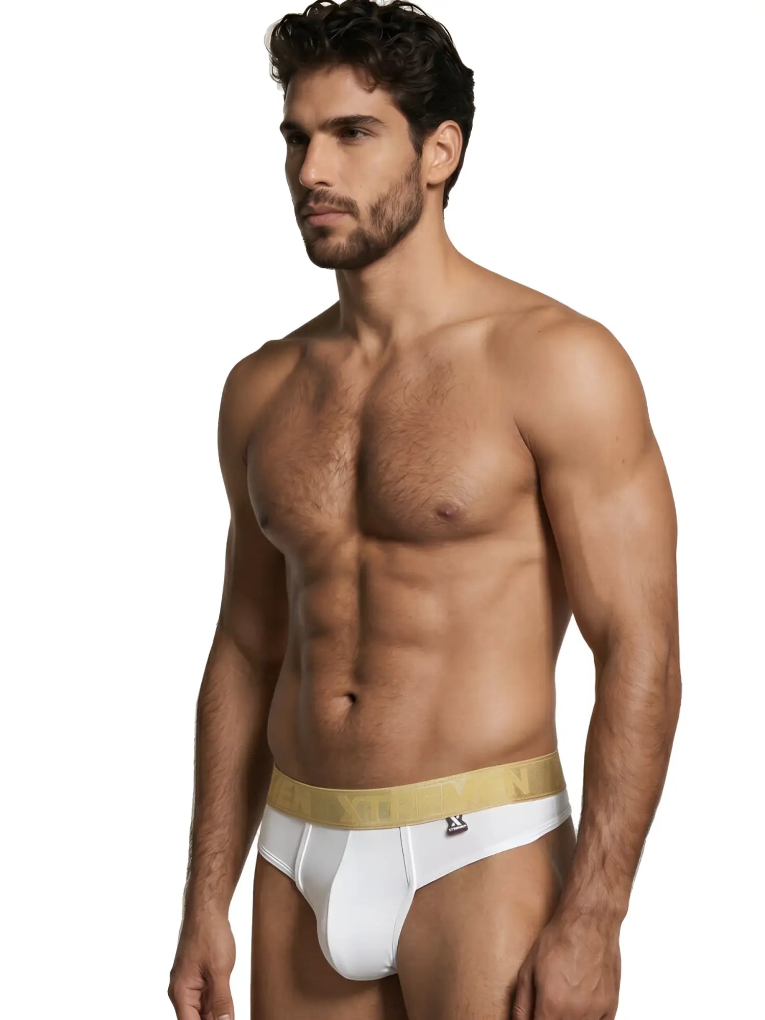 Xtremen men’s white thong with a metallic gold logo waistband worn by a muscular man.