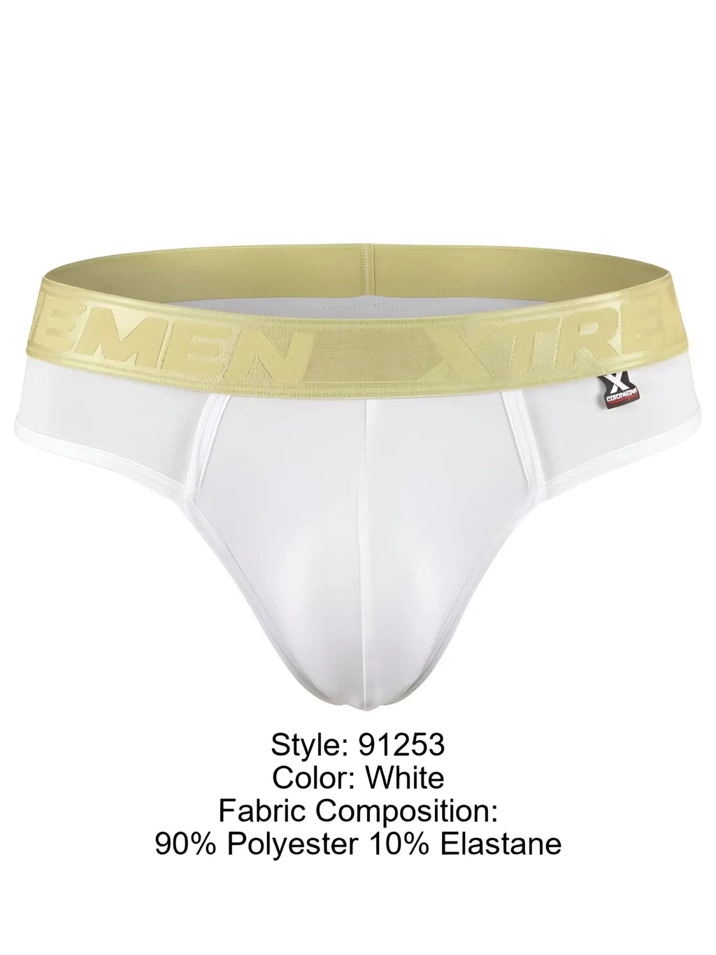 Xtremen white men's thong featuring a prominent gold elastic waistband with branded logo text.