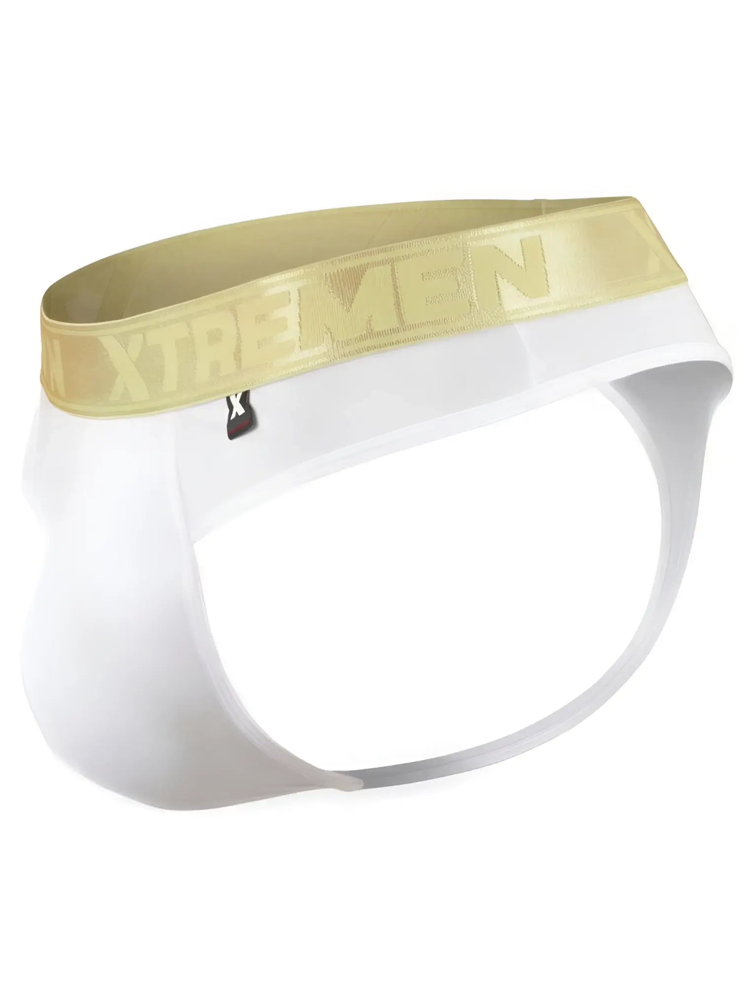 Xtremen white thongs with a metallic gold branded waistband and a small logo tag.
