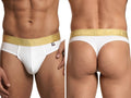Xtremen men's white thongs featuring a gold elastic waistband with brand logo branding, front and back views.