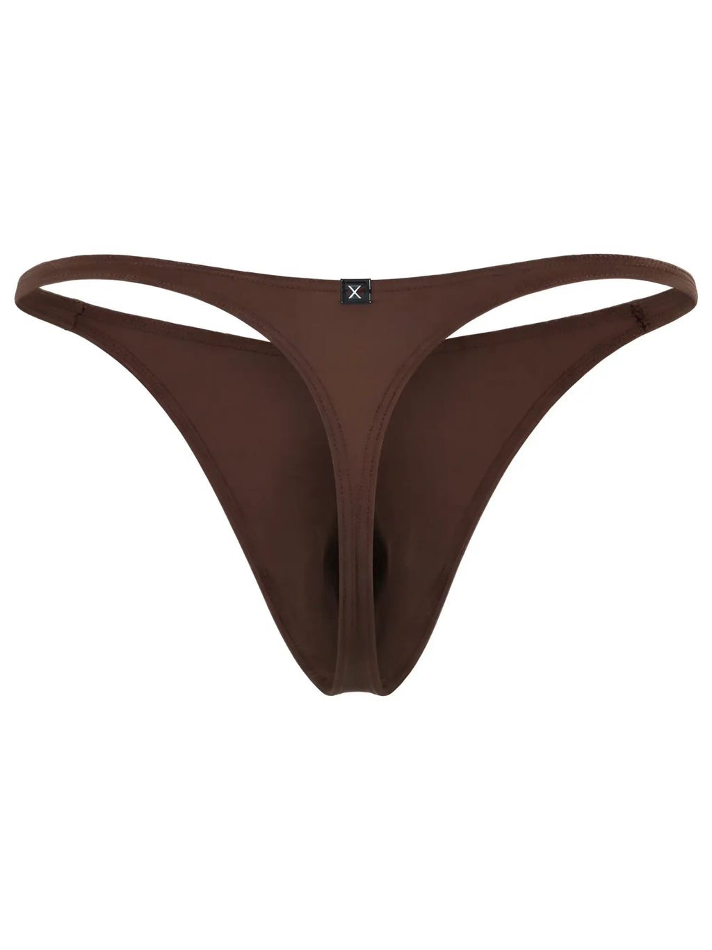 Xtremen men's brown thong underwear with a small branded center-front logo tab.