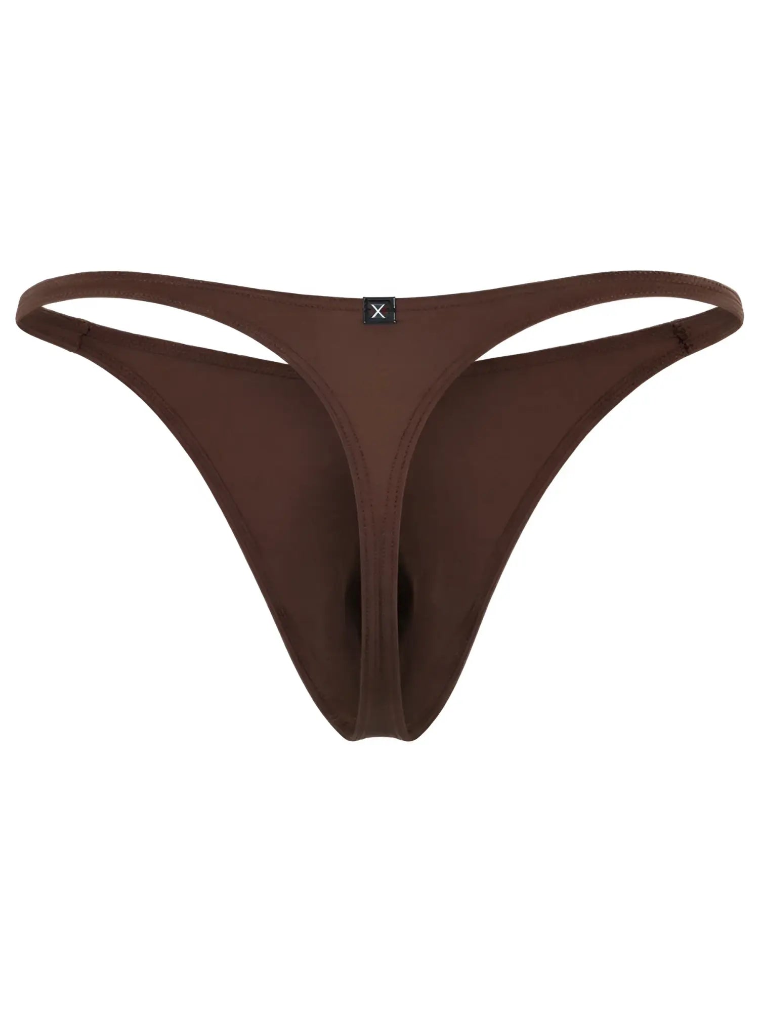 Xtremen men's brown thong underwear with a small branded center-front logo tab.