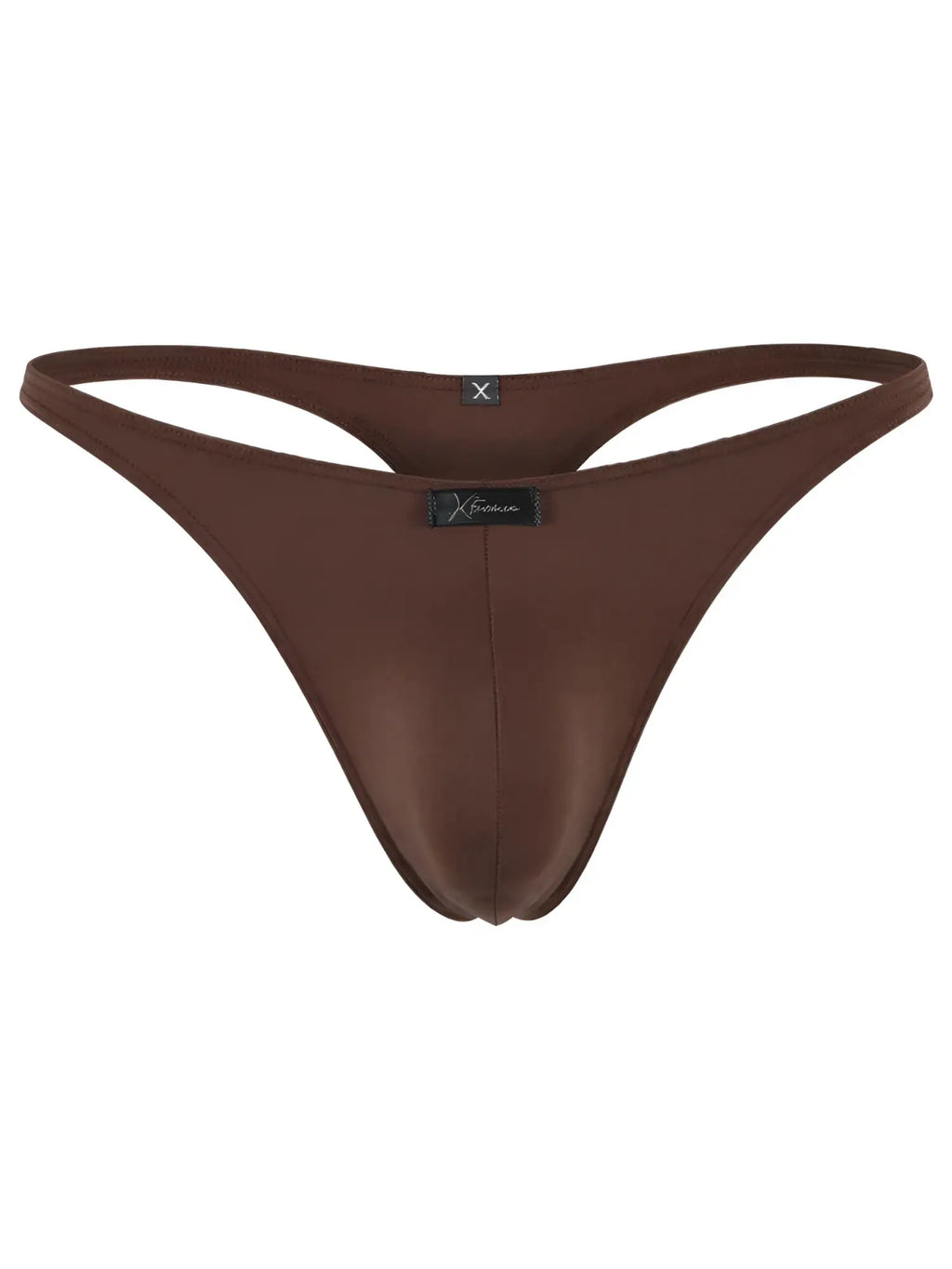 Xtremen men's brown thong with a center front logo tag, isolated on a white background.