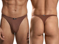 Xtremen men's brown thongs featuring front and back views with brand logo patch.