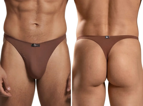 Xtremen men's brown thongs featuring front and back views with brand logo patch.