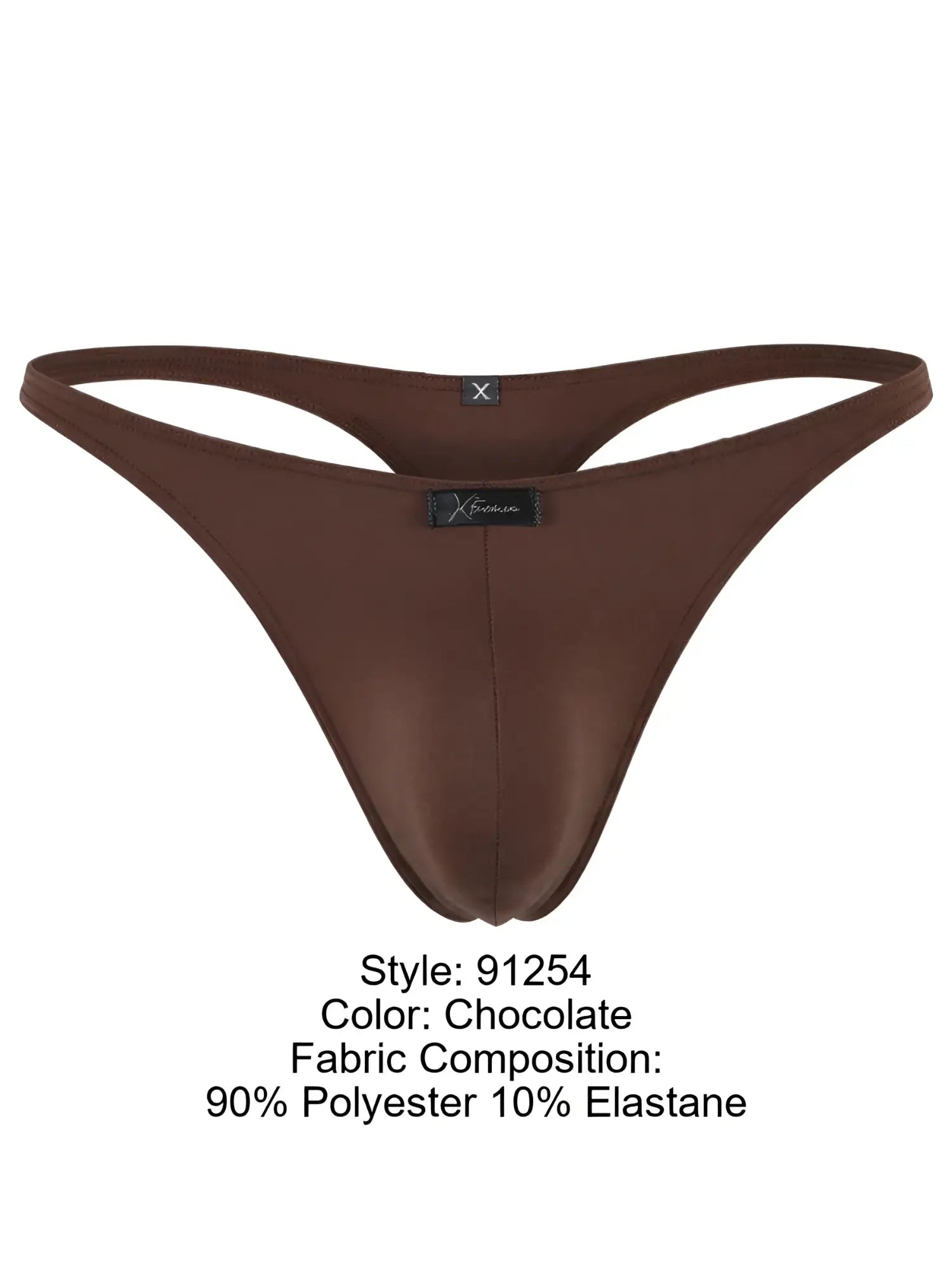 Xtremen men’s chocolate brown thong with a center front logo tag, isolated on a white background.
