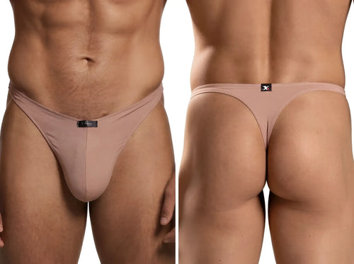 Front and back view of a beige Xtremen men's thong featuring a small branded logo tab on the waistband.