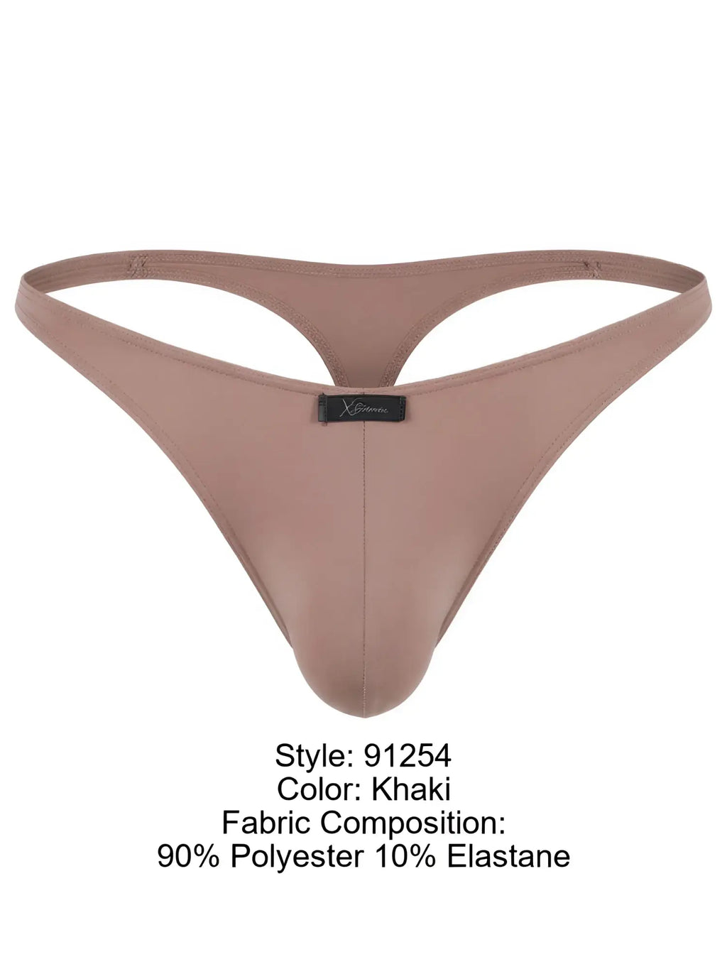 Xtremen men's khaki thong underwear with a center-front logo tag, displayed against a white background.