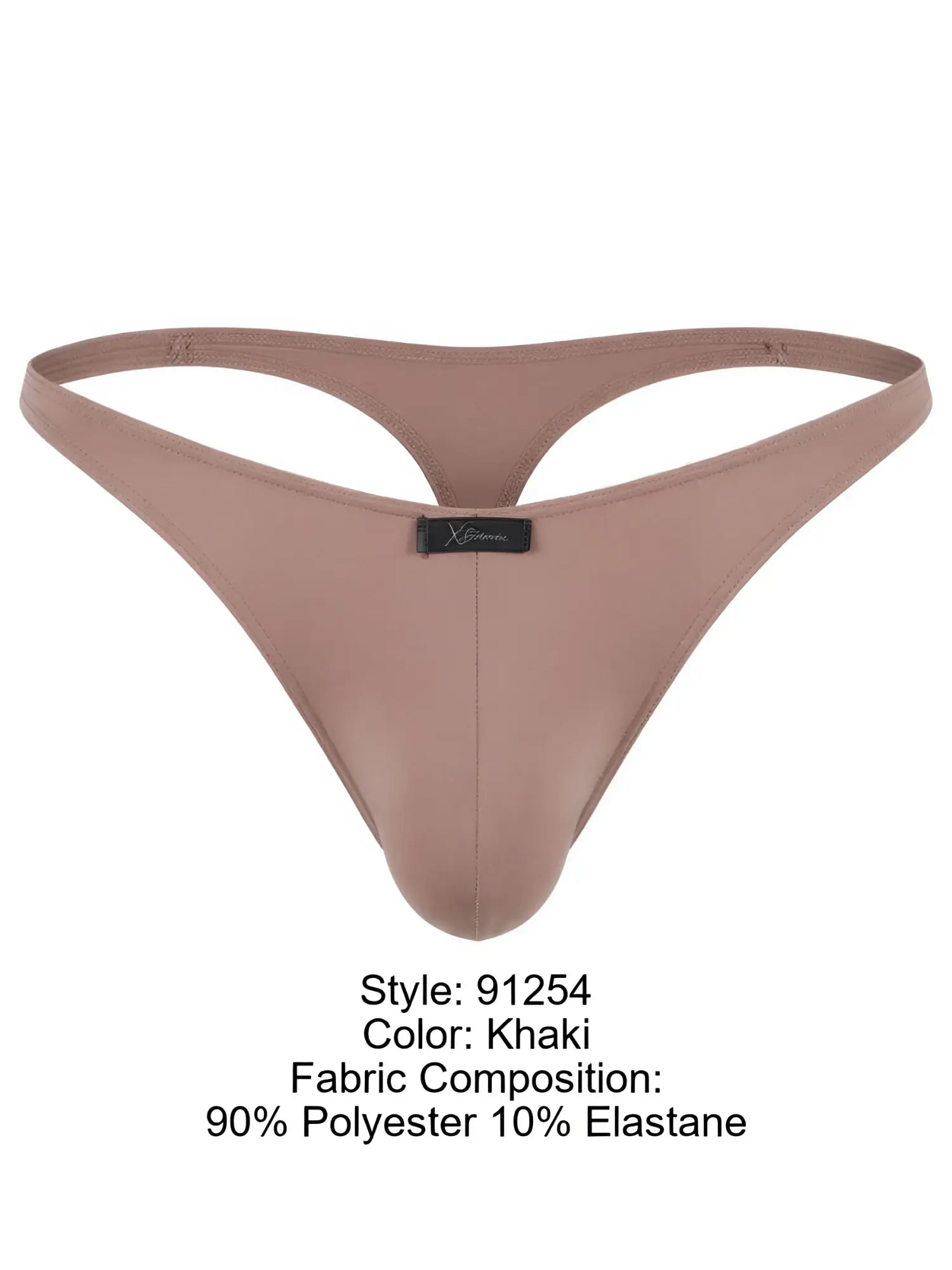 Xtremen men's khaki thong underwear with a center-front logo tag, displayed against a white background.
