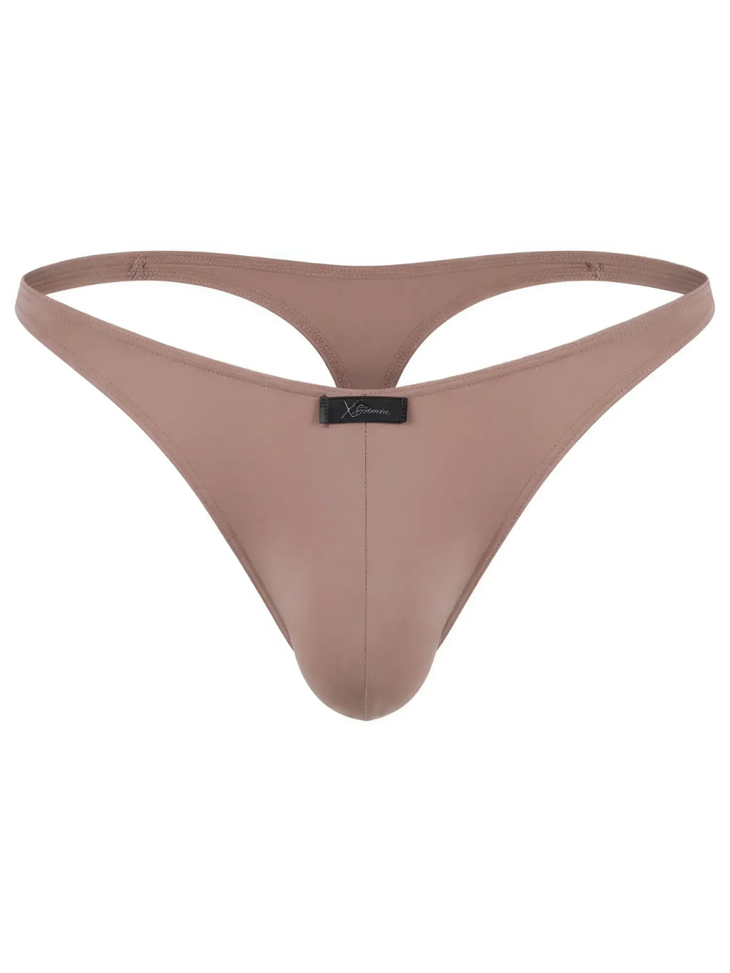 Xtremen mocha-colored thong for men featuring a center-front logo patch and minimal design.