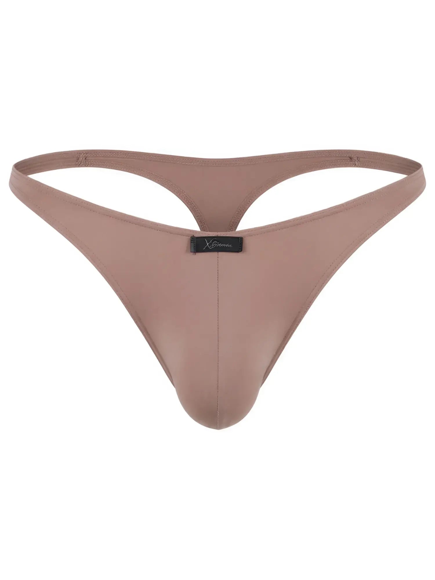 Xtremen mocha-colored thong for men featuring a center-front logo patch and minimal design.