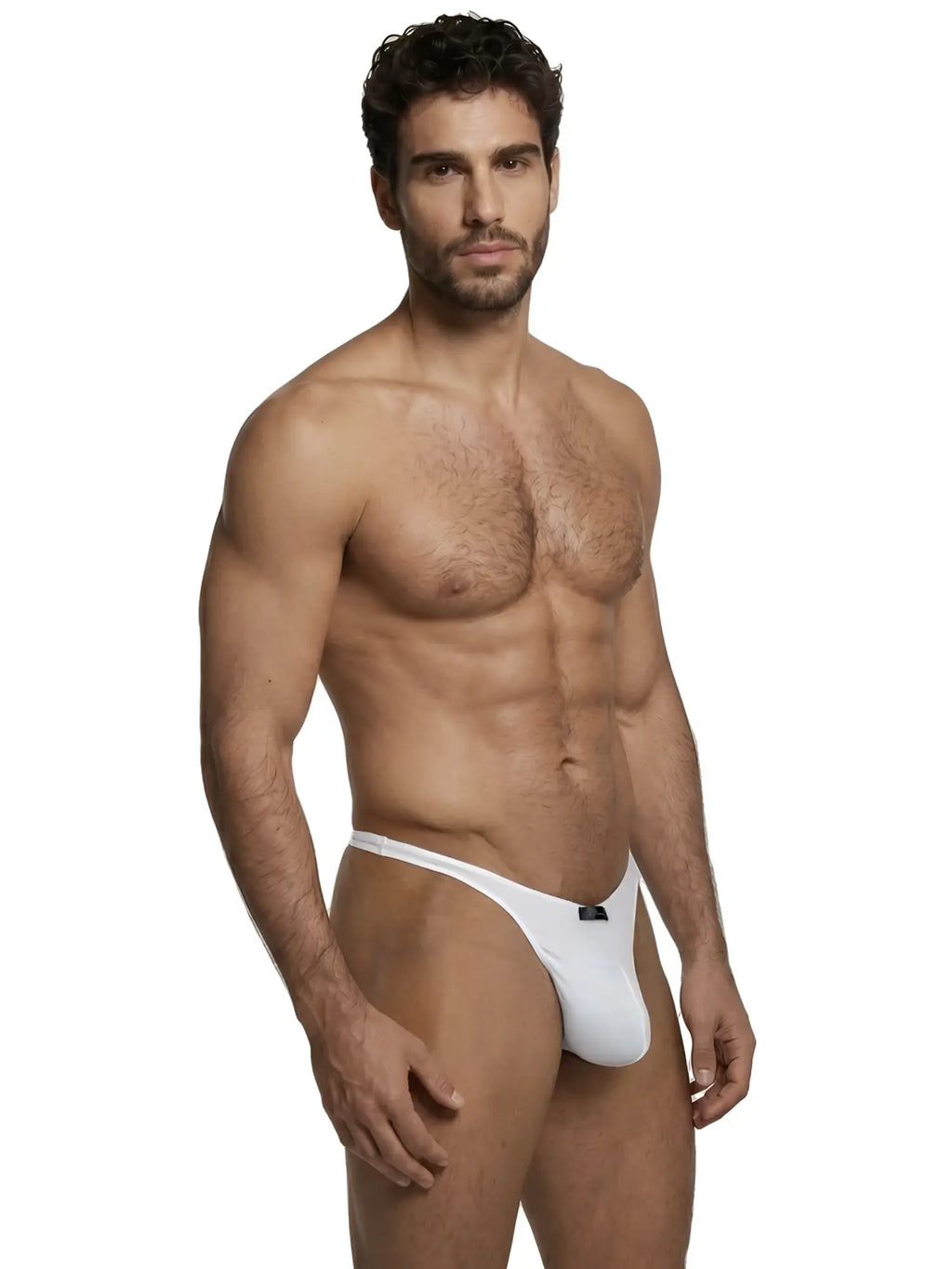 Xtremen men's white thong with a minimalist pouch design, worn by a fit model against a white background.
