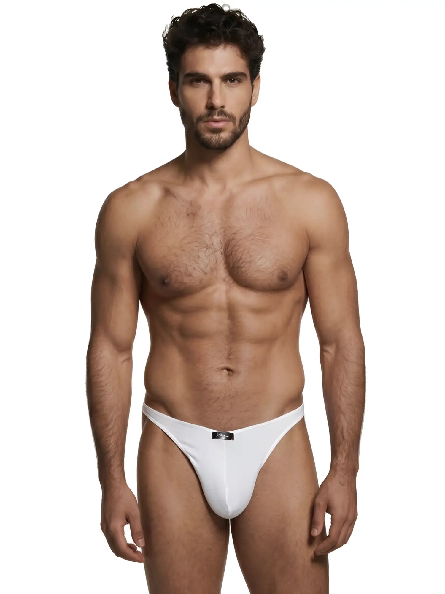 Xtremen men's white thong with a small black brand logo tag on the front waistband.