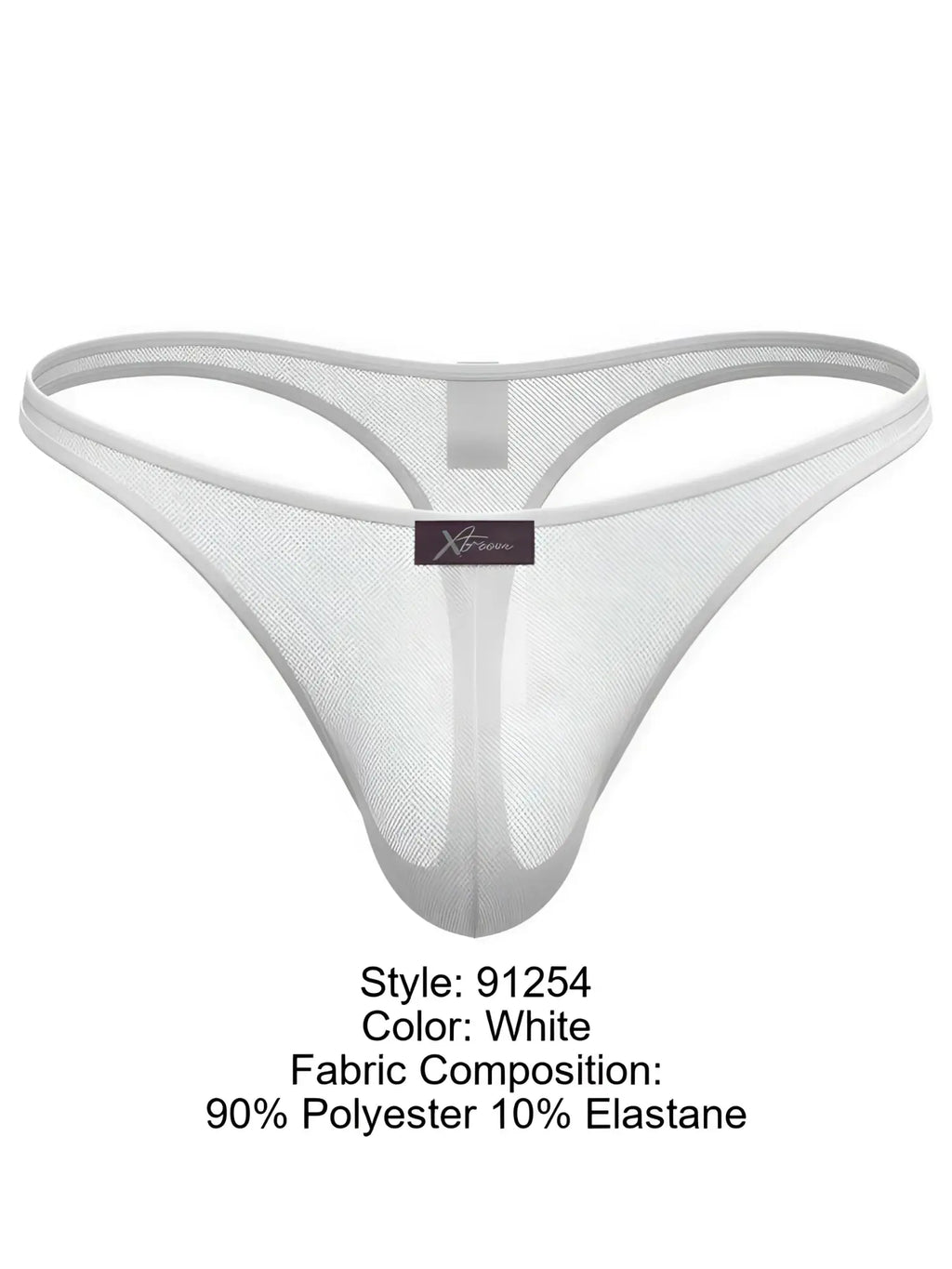 White Xtremen thong in sheer, breathable mesh fabric with a centered brand logo tag.