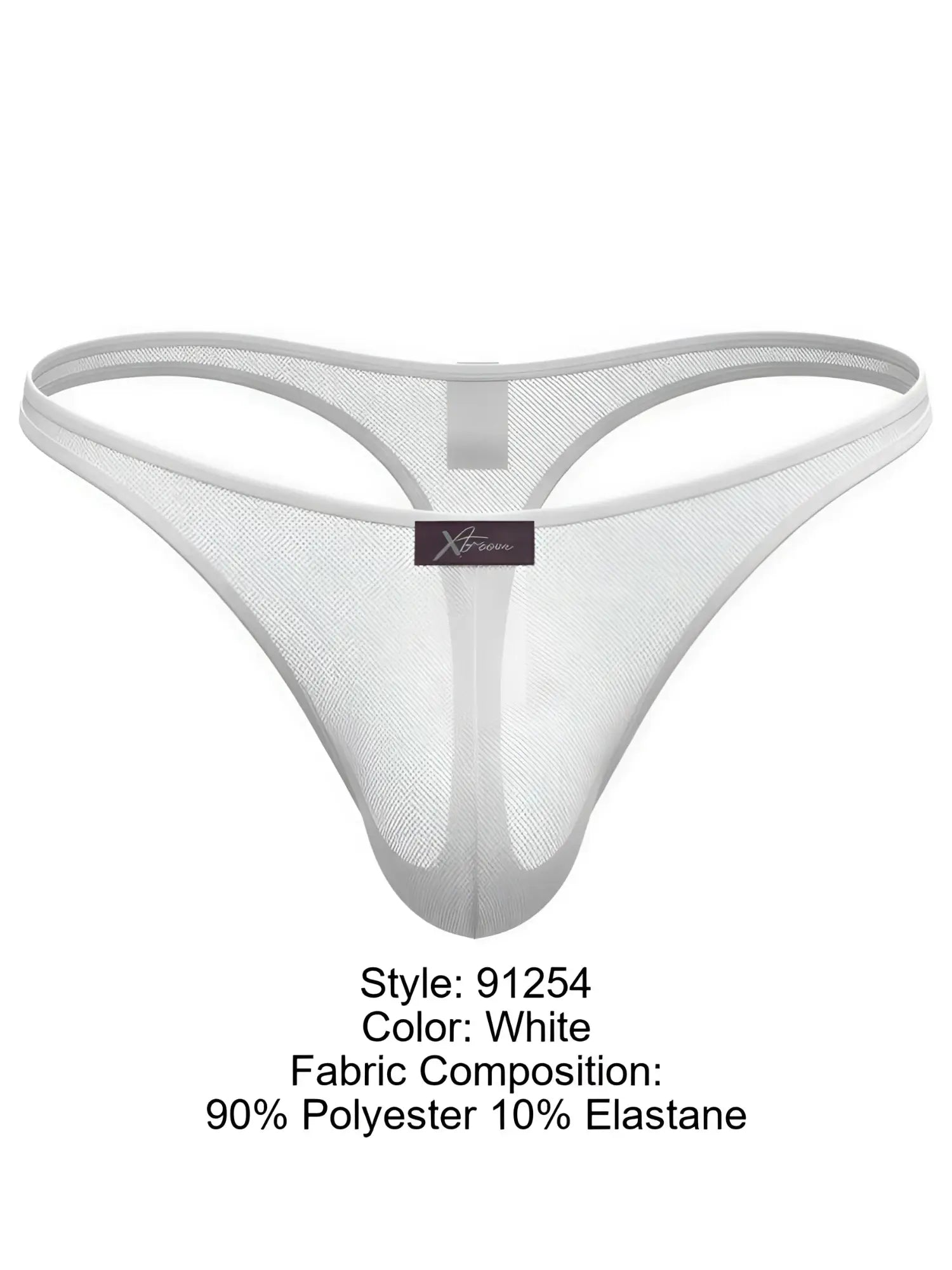 White Xtremen thong in sheer, breathable mesh fabric with a centered brand logo tag.