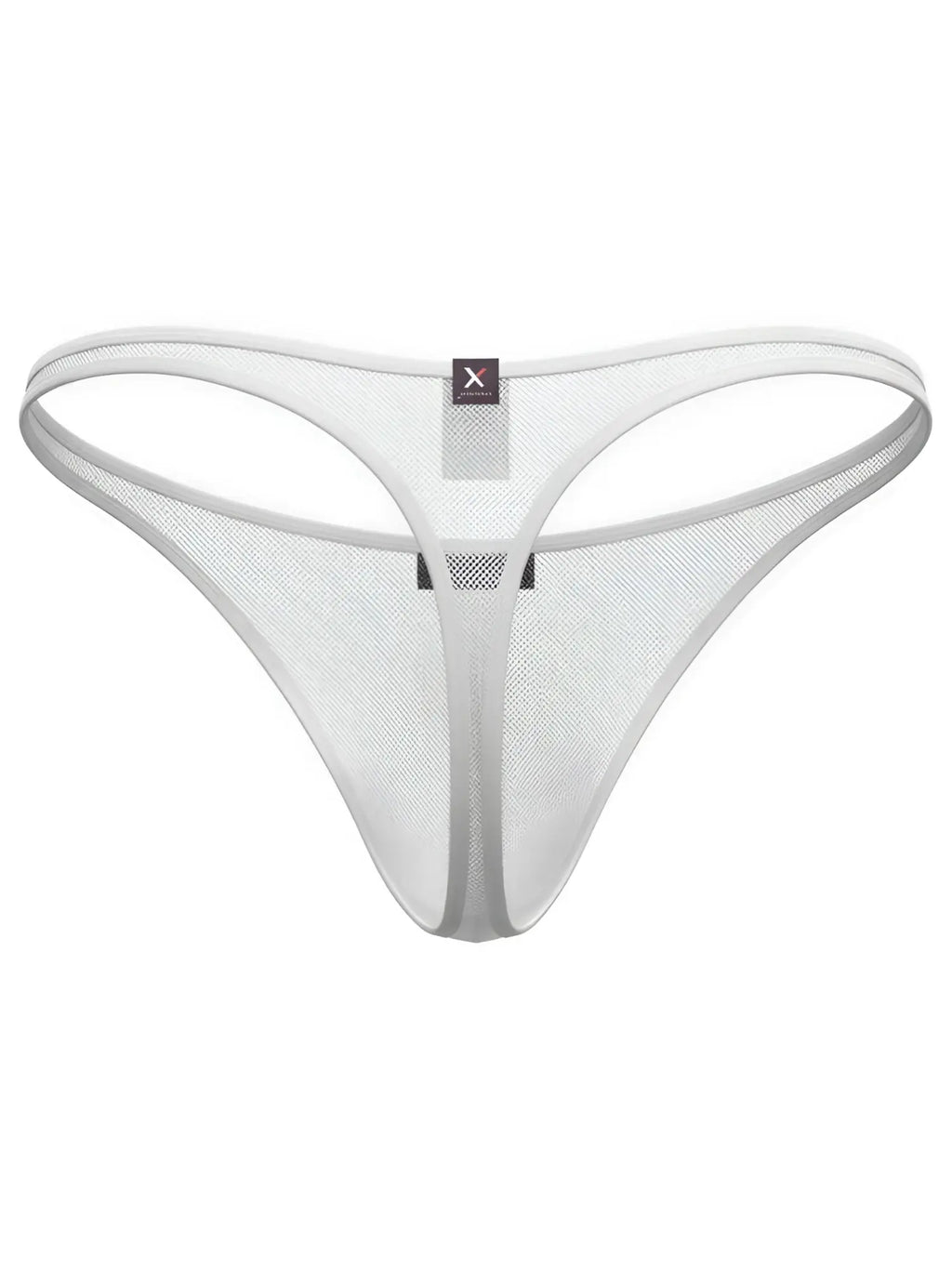 White Xtremen mesh thong with minimal coverage and logo tag.