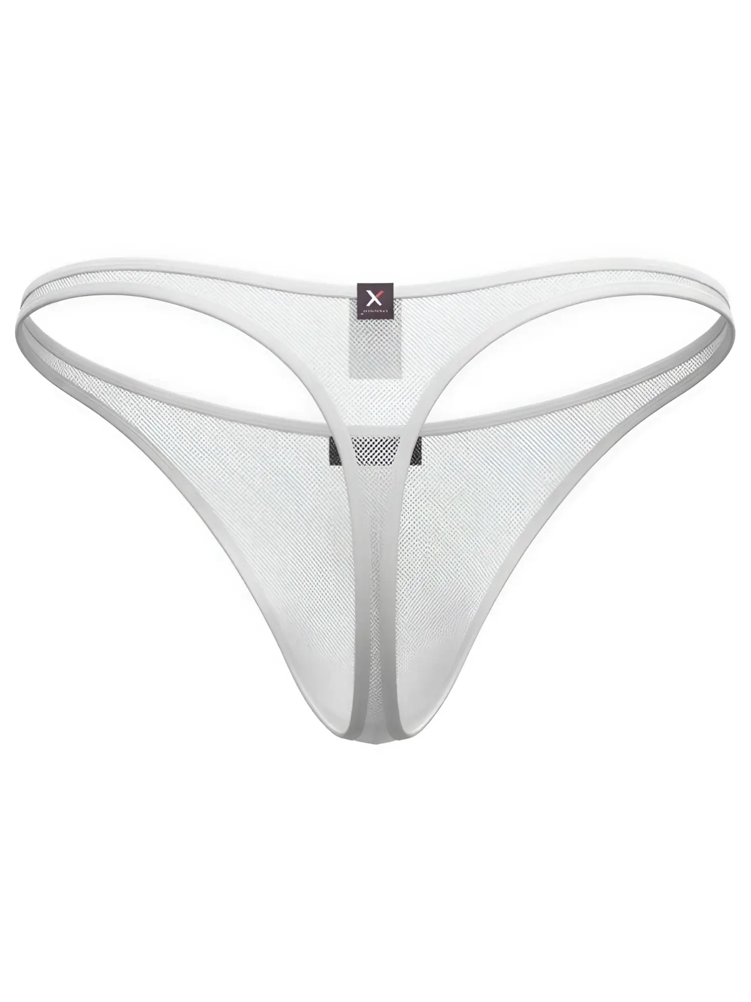 White Xtremen mesh thong with minimal coverage and logo tag.