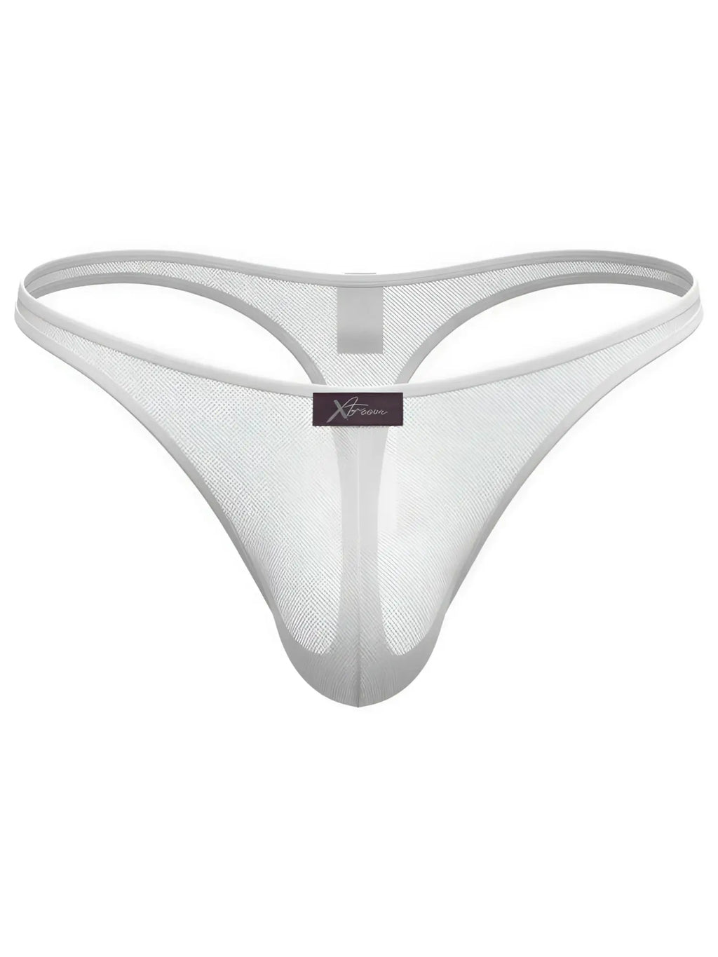 Xtremen men's white mesh thong with a small branded logo tab on the front.