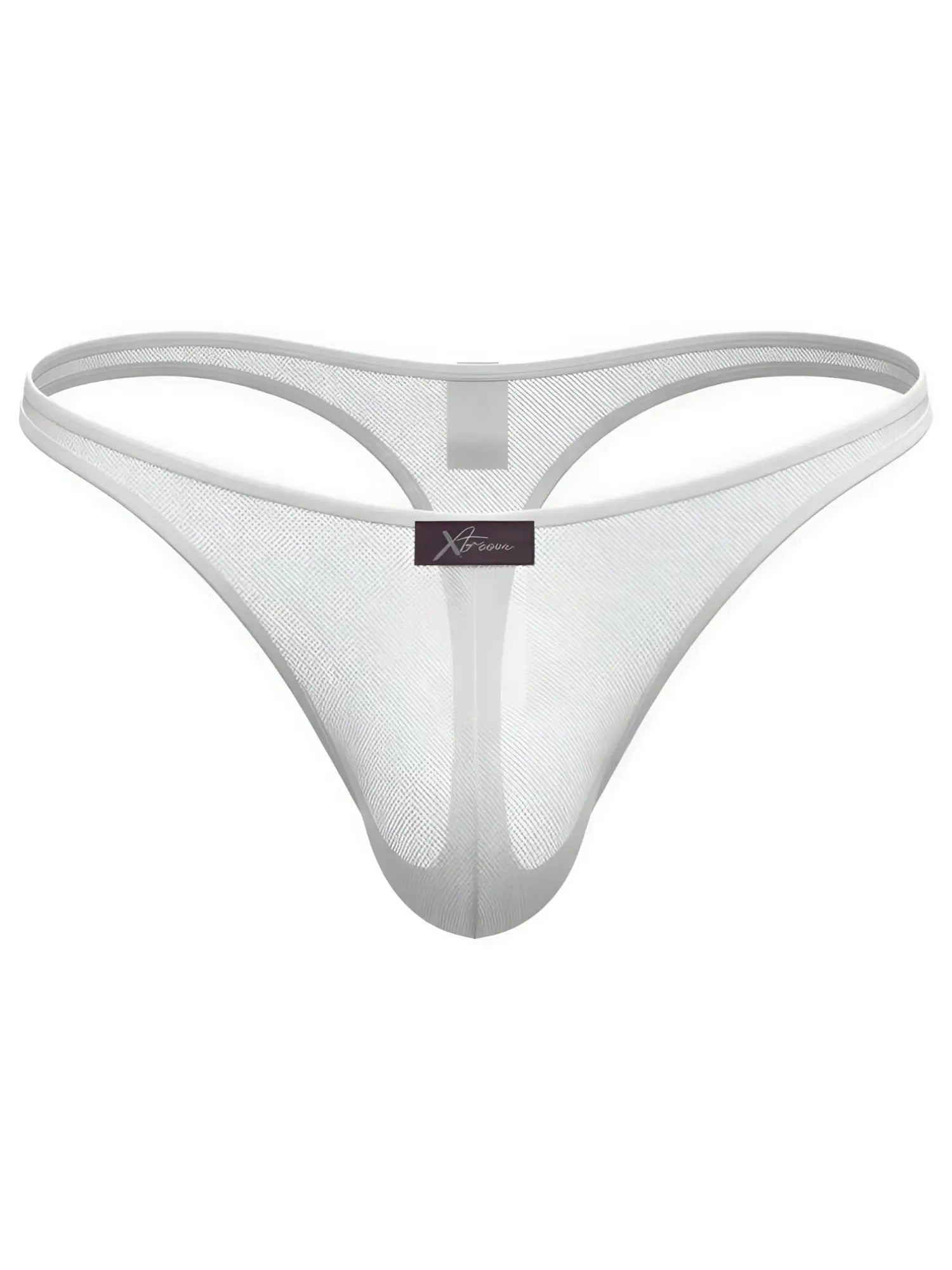 Xtremen men's white mesh thong with a small branded logo tab on the front.