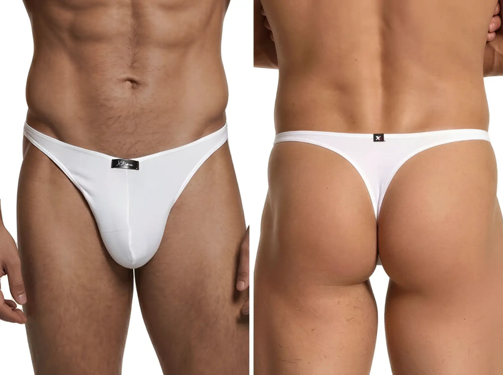 Xtremen men's white cotton thongs shown from the front and back, featuring a branded waistband logo patch.