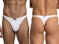 Xtremen men's white cotton thongs shown from the front and back, featuring a branded waistband logo patch.