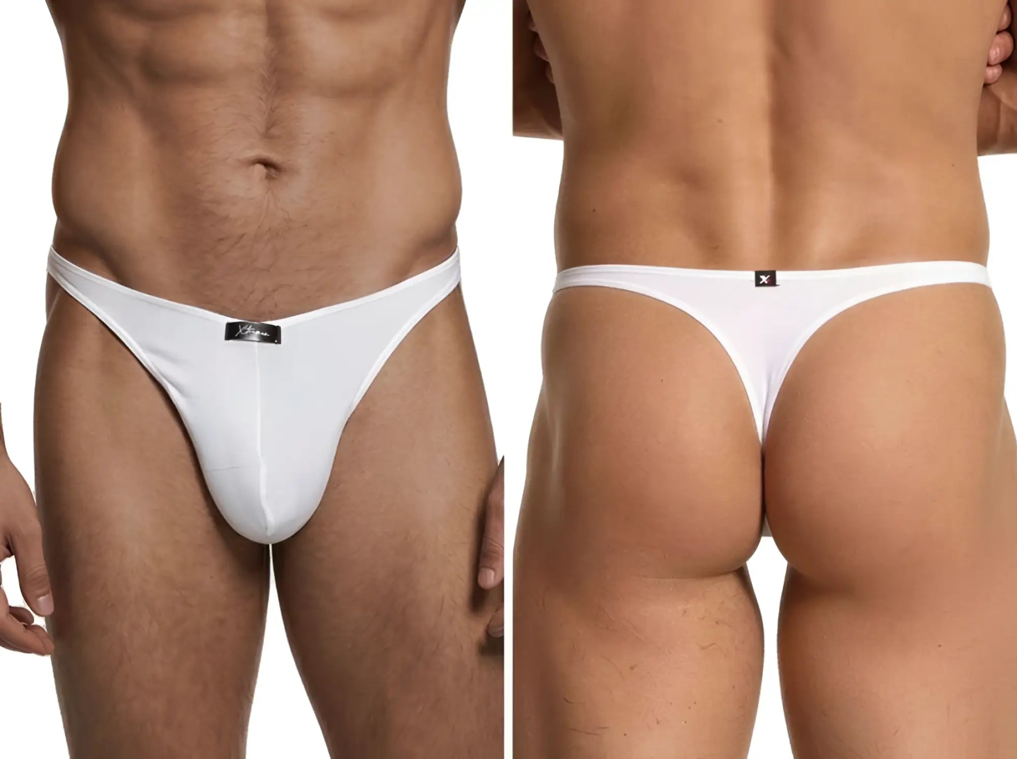 Xtremen men's white cotton thongs shown from the front and back, featuring a branded waistband logo patch.
