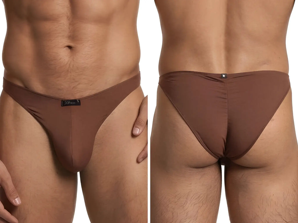 Xtremen brown bikini underwear, front and back views showing a slim, solid-colored fit with brand logo tags.