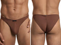 Xtremen brown bikini underwear, front and back views showing a slim, solid-colored fit with brand logo tags.