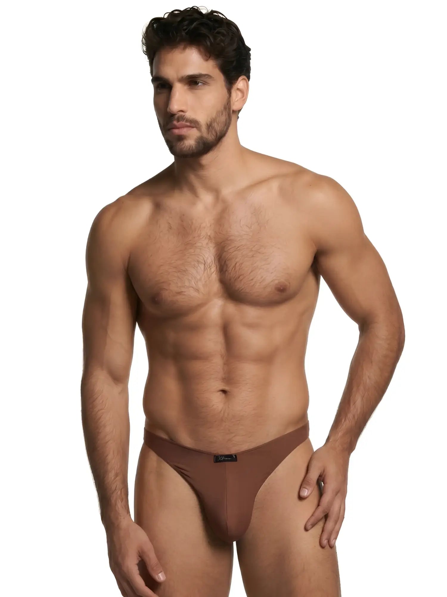 Model wearing a brown Xtremen bikini style underwear against a white background.