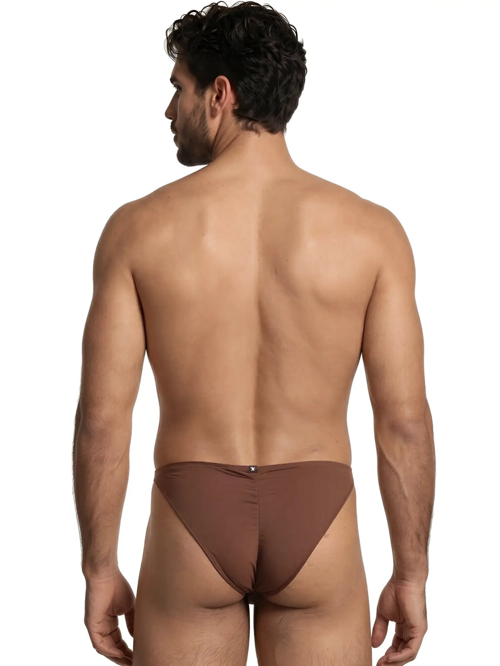 Xtremen brown bikini underwear, back view on a muscular man.